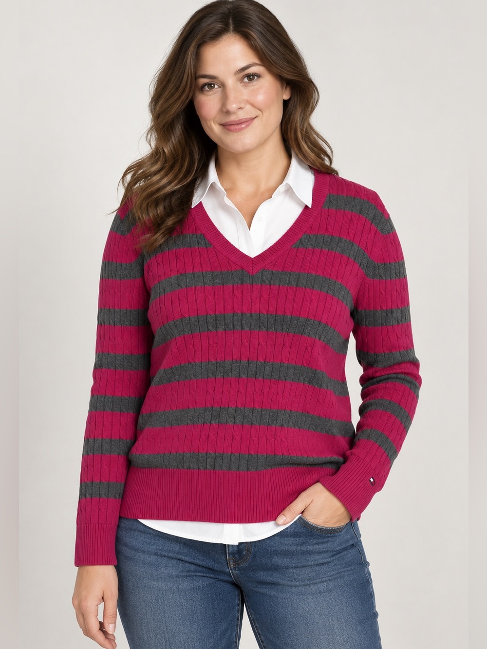 Tommy Hilfiger Women’s XL Pink Gray Striped Cable Knit V-Neck Cotton Sweater